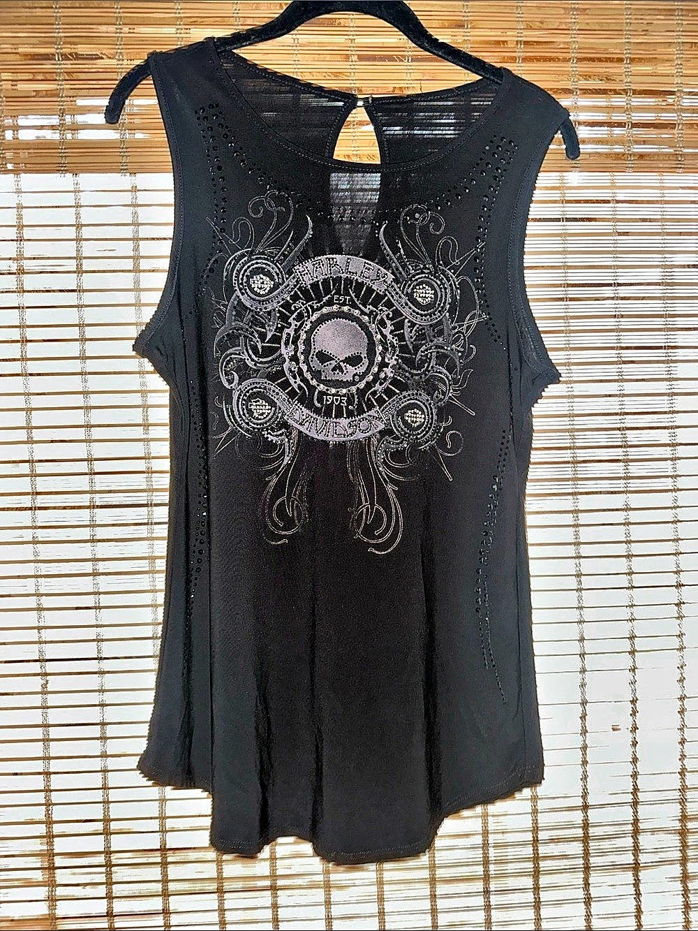 EUC!🖤 Harley-Davidson Studded Skull Rhinestone Bling Tank Top Black - Womens M